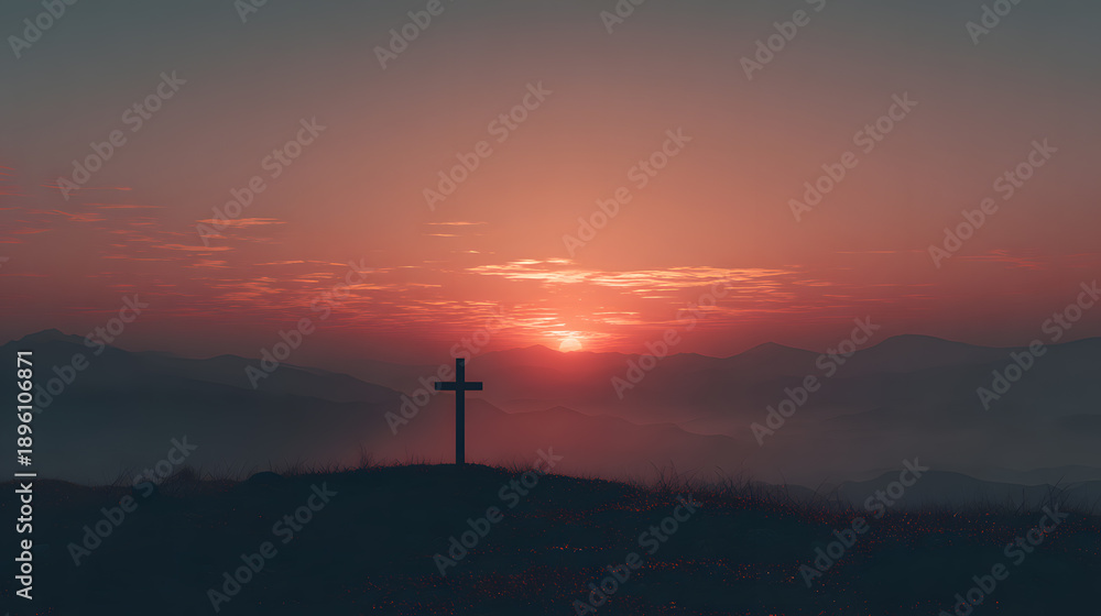 Obraz premium Mountain landscape Good Friday background, silhouetted cross against golden sunset sky.