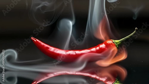 A single vibrant red chili pepper is dramatically presented on a dark, reflective surface, with captivating tendrils of smoke rising and glowing with a fiery orange hue. This striking visual powerfull