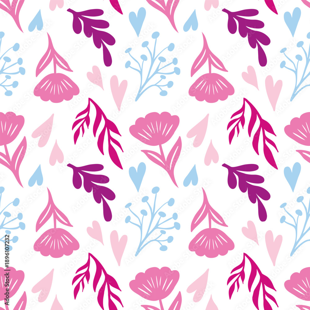 Fototapeta premium Cute Hand-Drawn Floral and Heart Seamless Pattern