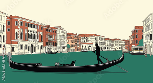 A serene gondola glides along a tranquil canal in Venice, Italy, with traditional Italian architecture lining the waterfront, evoking a sense of classic European travel and romance