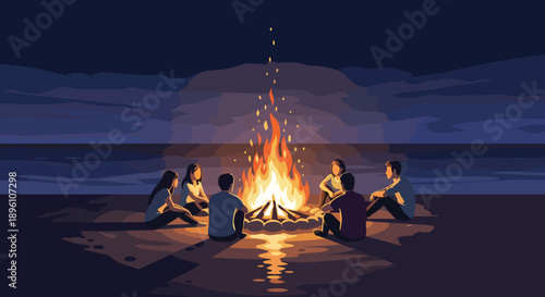 Friends enjoying a warm bonfire by the ocean shore at twilight, sharing stories and creating cherished memories under the vast night sky