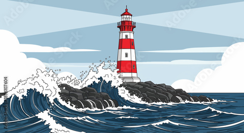 Illustration of a resilient red and white lighthouse on a rocky island, enduring a stormy ocean with powerful crashing waves, symbolizing guidance and unwavering hope in turbulent waters
