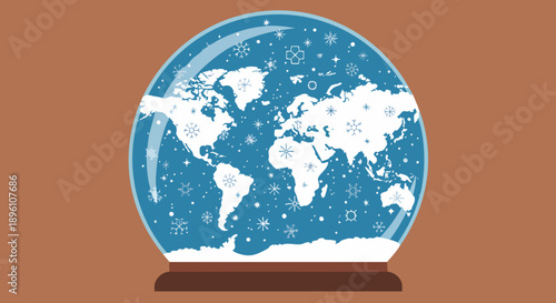 A beautifully illustrated snow globe showcasing a frosted world map with delicate snowflakes falling, symbolizing global winter and holiday cheer and seasonal magic