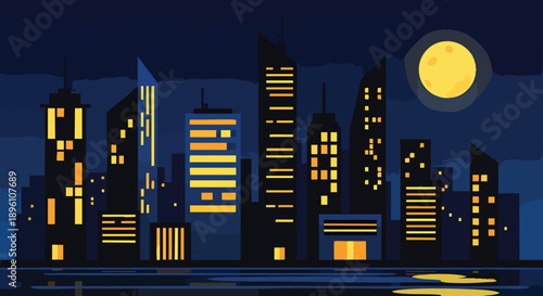 A vibrant cityscape at night, featuring illuminated skyscrapers reflecting on the calm water below under a full moon, evoking a sense of urban tranquility and modern architecture