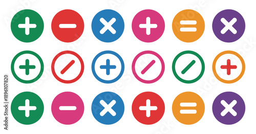 Flat mathematics symbols, collection of plus, minus, multiply, divide, equal, and percentage icons in bright circular and square designs