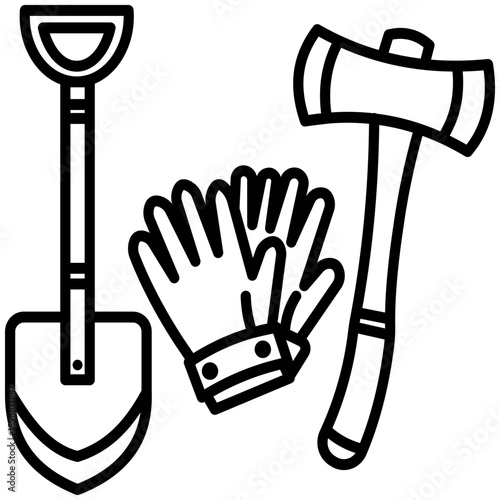 Essential Outdoor Work Tools Shovel, Gloves, and Axe Line Icon Set