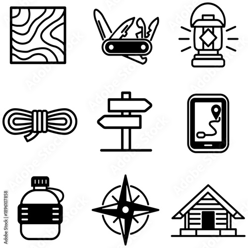 Essential Outdoor Activity and Wilderness Survival Gear Icon Set