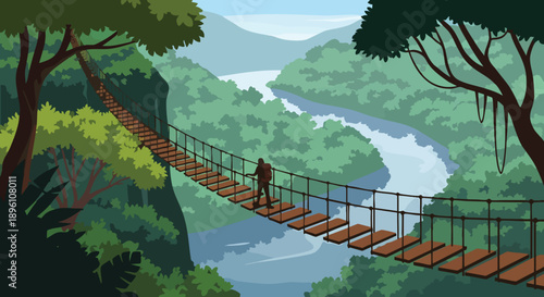 Adventurous hiker crosses a wooden suspension bridge suspended high above a winding river, deep within a vibrant tropical jungle with distant mountains