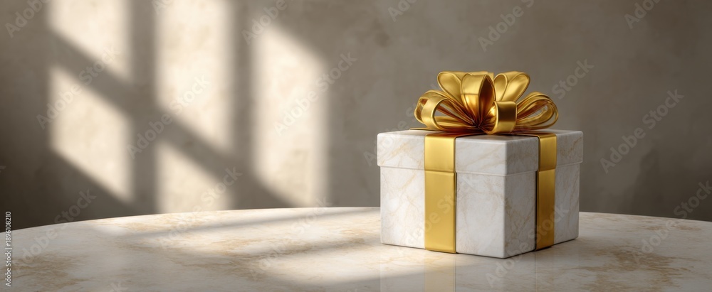 Fototapeta premium A gift box with a gold bow sparkles like sunshine on marble in a warm embrace.