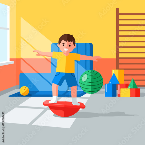 Child balancing on a red wobble board in a playroom