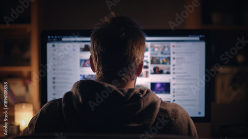 Man Editing Video on Computer, Back View in Dim Room, Digital Content Creation