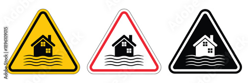 Flood disaster signs collection, flat silhouette icons illustrating flood warnings, emergency response, water hazards