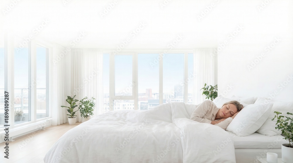 Fototapeta premium Peaceful blonde woman sleeping soundly in a bright minimalist apartment bedroom with floor-to-ceiling windows and copy space for wellness and rest concept.