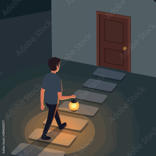 Man with lantern climbs steps toward mystery door in dim lighting