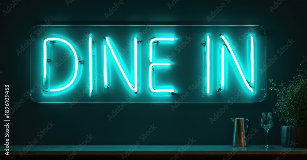 Obraz premium Bright neon sign displays DINE IN. Minimalist setting features table, plant, cutlery. Dark background emphasizes glowing text. Modern, inviting ambiance.