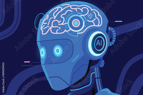 Illustration Of A Robot With A Digital Brain, Concept Of Artificial Intelligence And Machine Learning Vector Design Template
