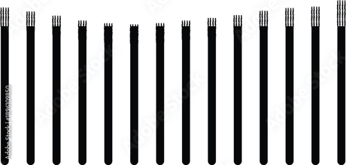 A collection of sharpened black pencils with silver ferrules on a white background