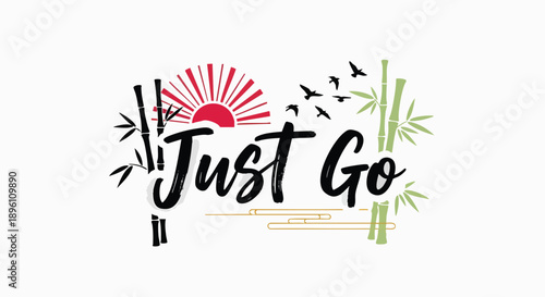 Embark on an adventure with the inspiring 'Just Go' logo, featuring a vibrant rising sun, delicate bamboo, and soaring birds, symbolizing freedom and the call to explore new horizons