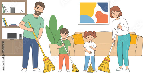 Happy Family Cleaning House Together Vector Illustration  Parents and Children Doing Chores