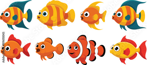 Cute Cartoon Fish Characters Vector Set  Colorful Tropical Aquarium Animals