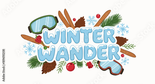 Vibrant flat illustration capturing the spirit of a joyful winter wander, adorned with skis, goggles, pinecones, snow, and festive elements, perfect for seasonal designs