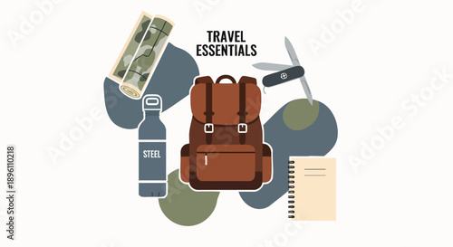 Essential items for an adventurous journey, including a classic backpack, detailed map, hydrating water bottle, versatile multi-tool, and a journal for capturing memories and planning new discoveries
