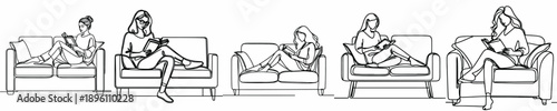 line art of a woman sitting on sofa reading a book
