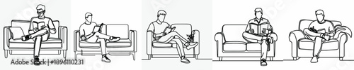 line art of a man sitting on sofa reading a book