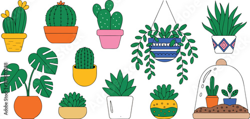 Cute Potted Houseplants Vector Set  Monstera, Cactus, and Indoor Greenery