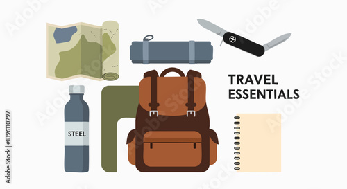 Thoughtfully assembled collection of essential gear for immersive outdoor adventures, depicting items crucial for any journey, from planning routes to staying prepared in the wilderness