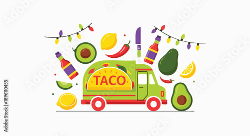 Colorful illustration of a taco food truck, festive with string lights, surrounded by fresh avocados, lemons, and chili peppers, capturing the joy of Mexican street food