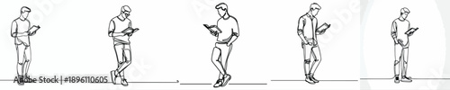 line art of a man standing reading a book