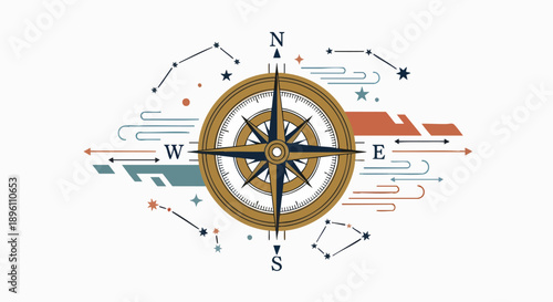 Antique compass with constellation patterns and abstract celestial elements, symbolizing navigation, direction, and the cosmos, rendered in a stylized graphic illustration style
