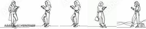 line art of a woman standing reading a book