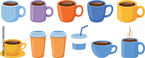 Colorful Coffee and Tea Cups Vector Set  Hot Drinks and Takeaway Mugs