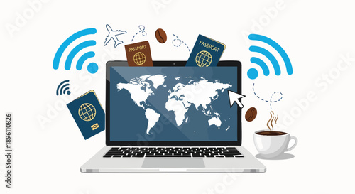 Digital Nomad Lifestyle Global Connectivity, Online Work, International Travel, and Seamless Communication Through Technology and Passports