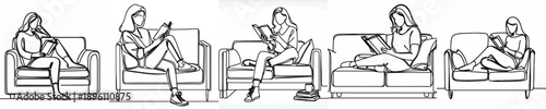line art of a woman sitting on sofa reading a book
