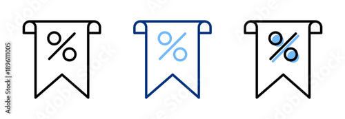 Percent label ribbon icon set. Sale black blue line icons. Discount, percentage sign. E-commerce, shopping, marketing. Vector flat illustration. Isolated on a white background. Editable stroke.