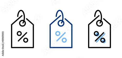 Percent price tag icon set. Sale black blue line icons. Discount label, percentage sign. E-commerce, closeout, shopping, marketing. Vector flat illustration. Isolated on a white background.