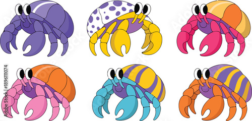 Cute Hermit Crab Cartoon Vector Set Colorful Shells and Funny Expressions