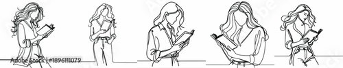 line art half body of a woman standing reading a book