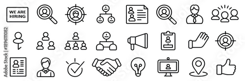 job application and teamwork icon set for hiring workflow.