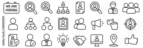job application and teamwork icon set for hiring workflow.