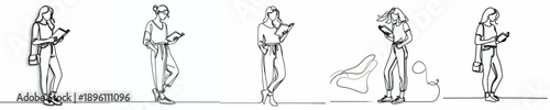 line art of a woman standing reading a book