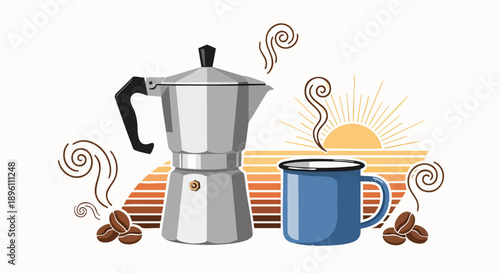 A hot mug of coffee beside a vintage moka pot with roasted beans and steam rising, evoking a cozy morning sunrise with warm colors and a retro feel for beverage lovers and coffee enthusiasts