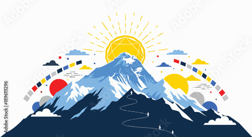 Stylized illustration of a majestic peak journey under a radiant sun, adorned with vibrant prayer flags, symbolizing high-altitude adventure and spiritual exploration