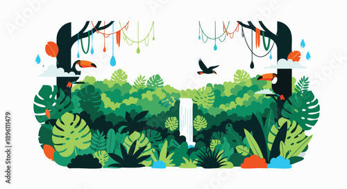 Vibrant jungle waterfall scene with toucans, lush foliage, and celebratory decorations, evoking a sense of tropical wonder and natural beauty