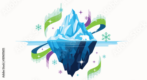 A majestic iceberg floats in the frigid Arctic waters, illuminated by the ethereal glow of the Northern Lights, symbolizing the beauty and fragility of polar ecosystems and the need for environmental
