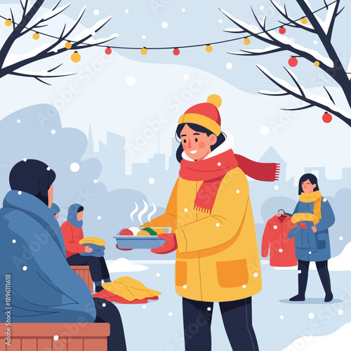 Volunteer serves food to homeless during winter charity event outdoors