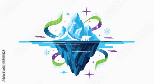 Vibrant illustration of a majestic arctic iceberg with a polar bear under shimmering northern lights, hinting at the profound unseen depths beneath